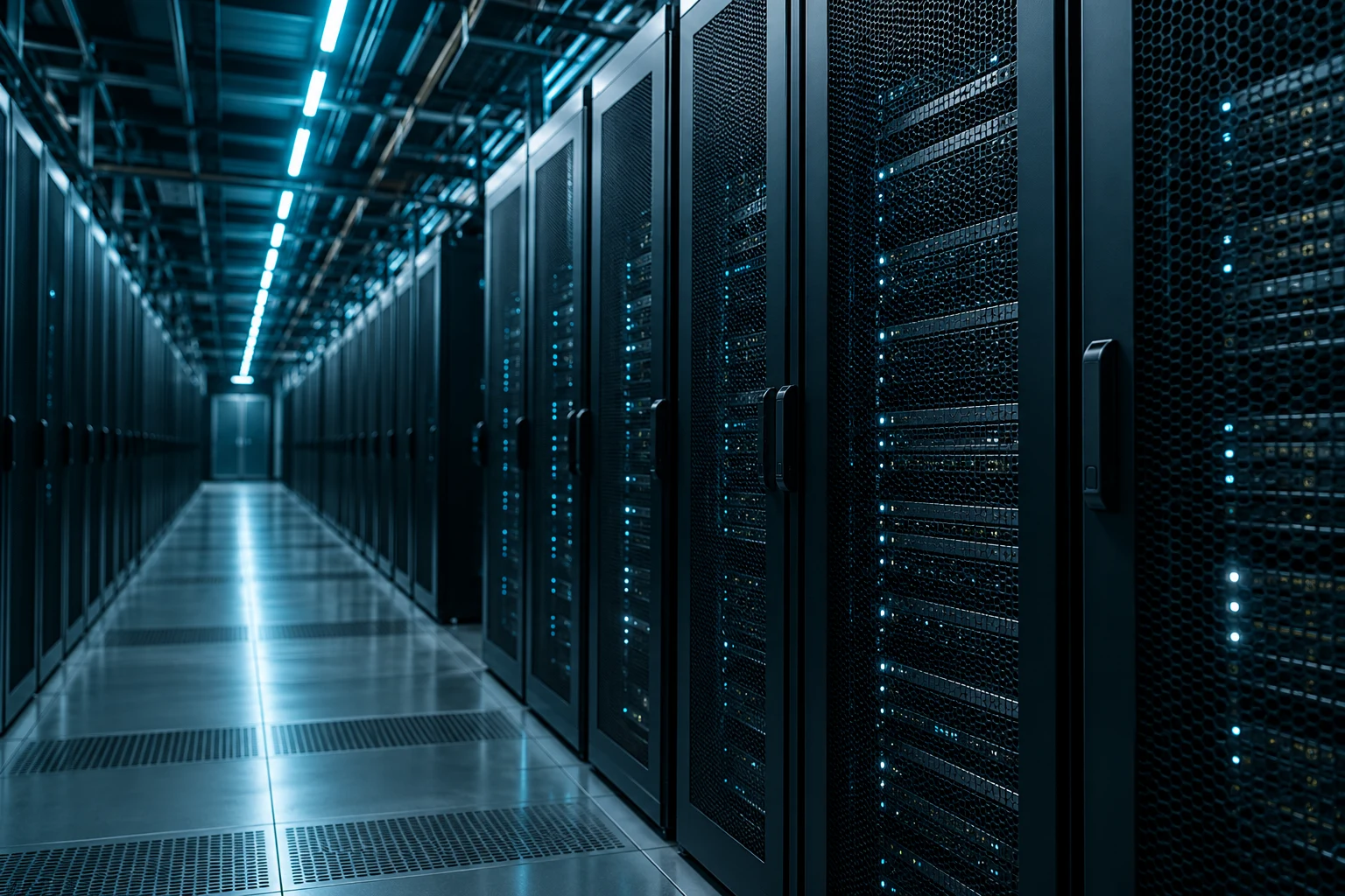 An illuminated aisle of server racks